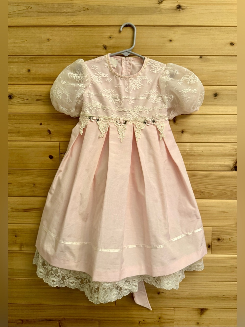 Vintage Bonnie Jean Size 4 Girls Baby Pink Lace Rosette Dress Coquette Easter